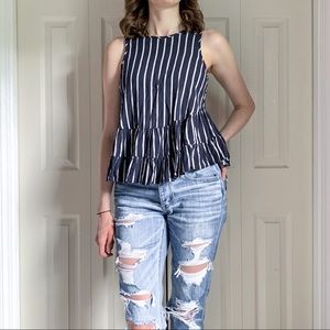 Navy blue and white striped high low tank top